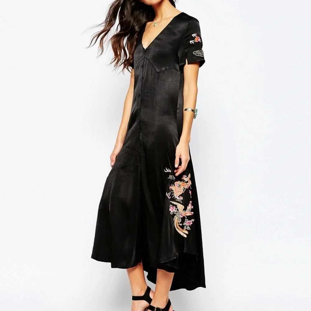Somedays Lovin Black Satin Button Front Midi Dress Dragon Bird Embroidered Asian - Picture 2 of 9